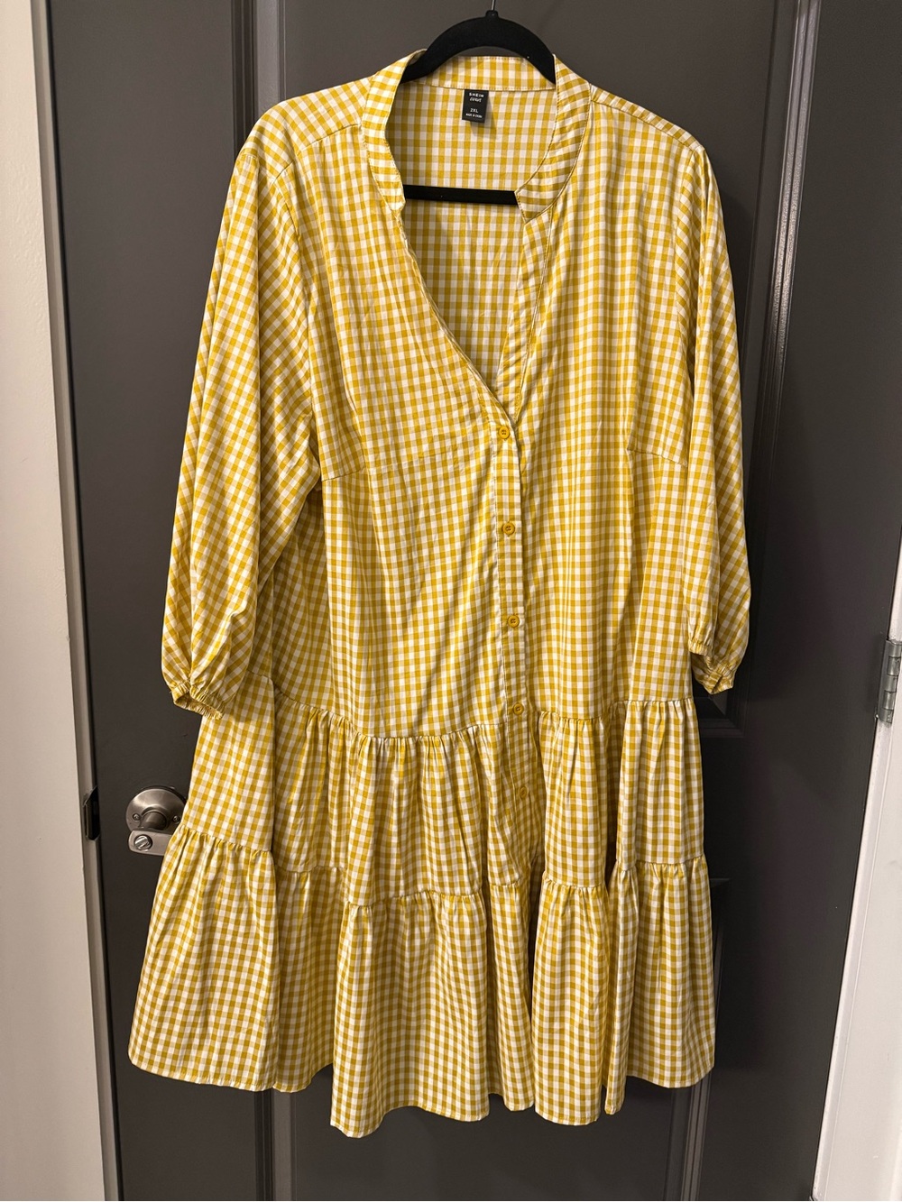 SHEIN Yellow Gingham Tiered Button-Front Dress